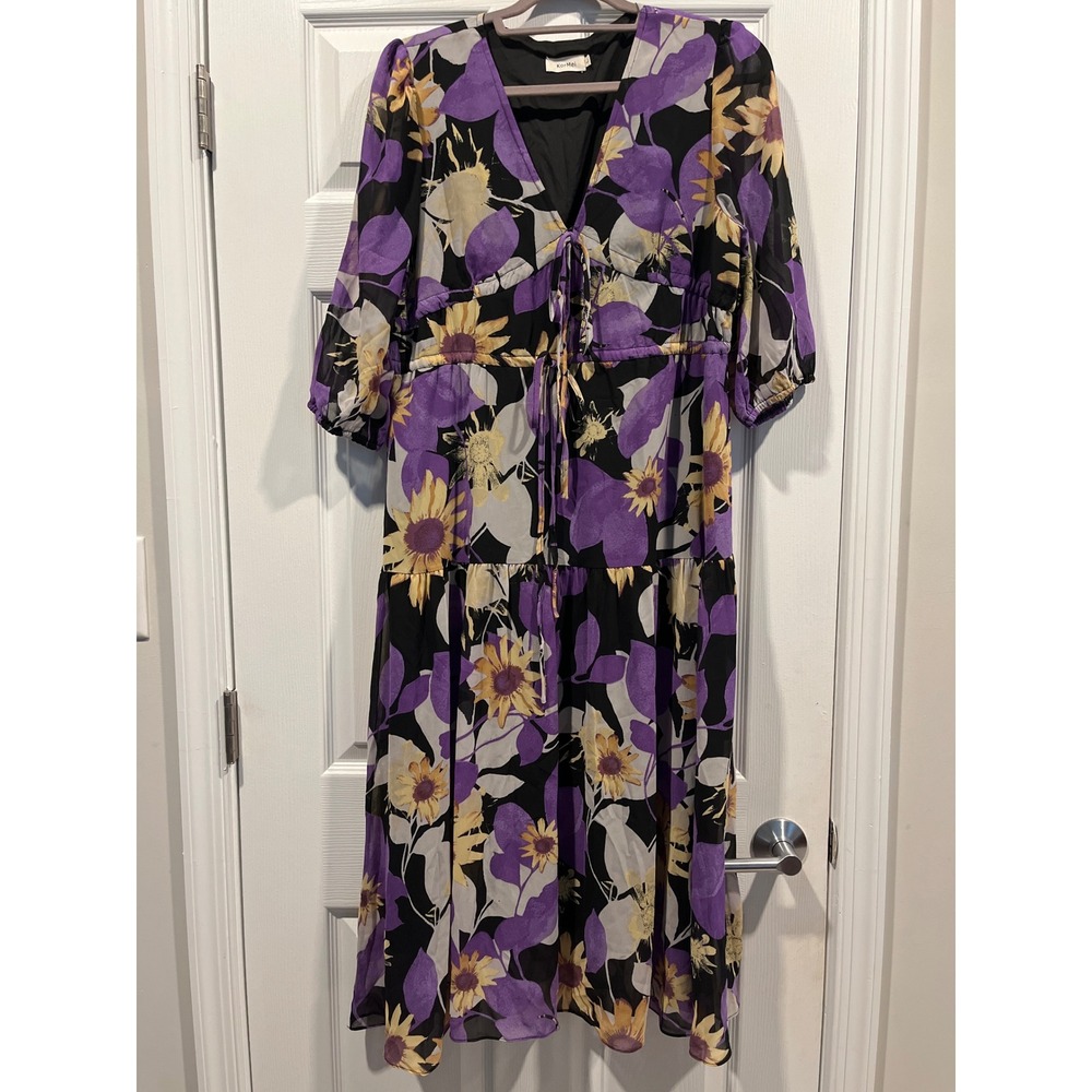 KorMei Floral Midi Dress Purple Yellow Sunflower V-Neck Tiered‎ Boho Chiffon L